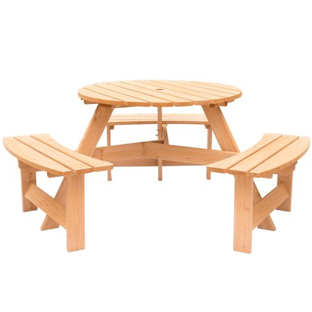 GARDENISED Wooden Outdoor Round Picnic Table with Bench for Patio, 6- Person with Umbrella Hole - Stained QI003904.ST
